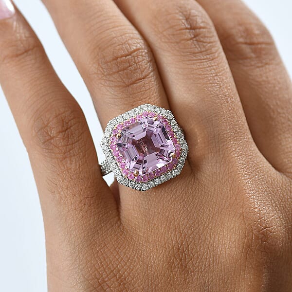 Shop Lc Luxoro 10K Rose Gold Premium Asscher Cut Martha Rocha Kunzite Pink Sapphire And Diamond (G-H I2) Blush Fire Ring 11.30 Ctw