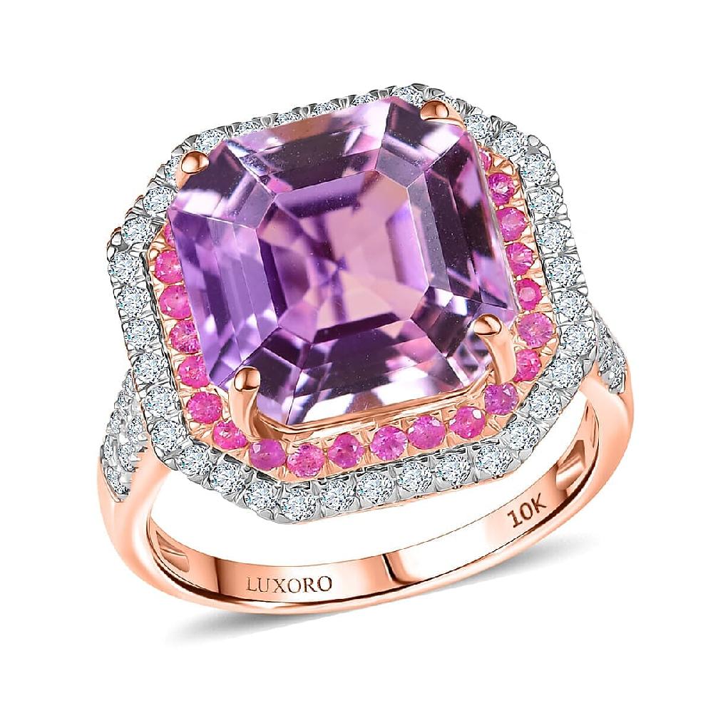 shop lc Luxoro 10K Rose Gold Premium Asscher Cut Martha Rocha Kunzite Pink Sapphire and Diamond (G-H I2) Blush Fire Ring 11.30 ctw