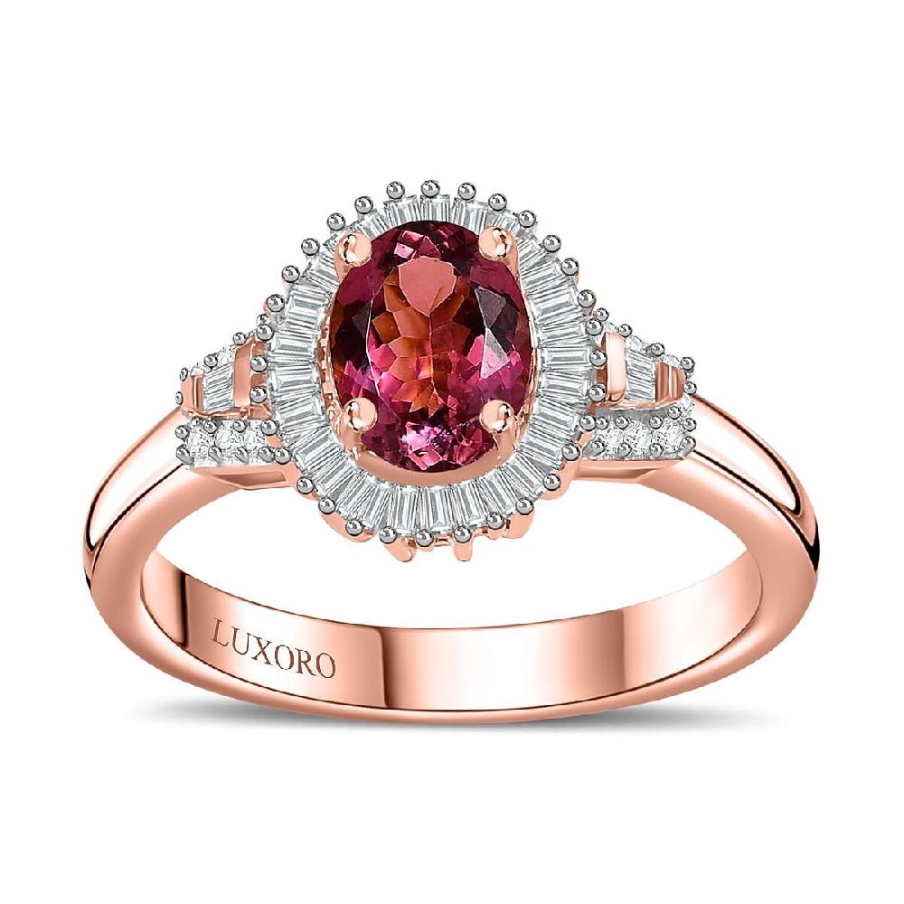 shop lc Luxoro 10K Rose Gold Premium Natural Calabar Pink Tourmaline and G-H I2 Diamond Halo Ring 4.15 Grams 1.50 ctw