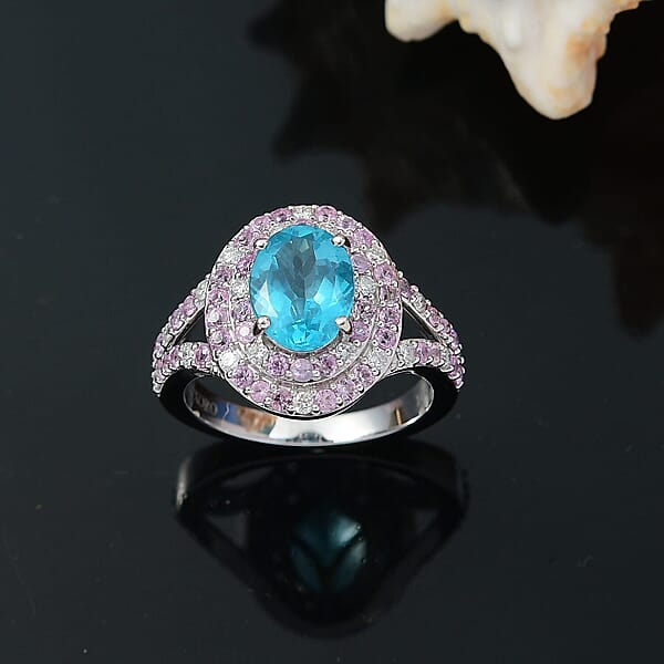 Shop Lc Luxoro 10K White Gold AAA Betroka Blue Apatite Madagascar Pink Sapphire And White Diamond (I2) (0.30 Cts) Double Halo Ring 3.90 Ctw