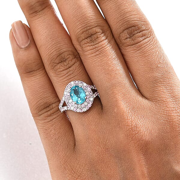 Shop Lc Luxoro 10K White Gold AAA Betroka Blue Apatite Madagascar Pink Sapphire And White Diamond (I2) (0.30 Cts) Double Halo Ring 3.90 Ctw