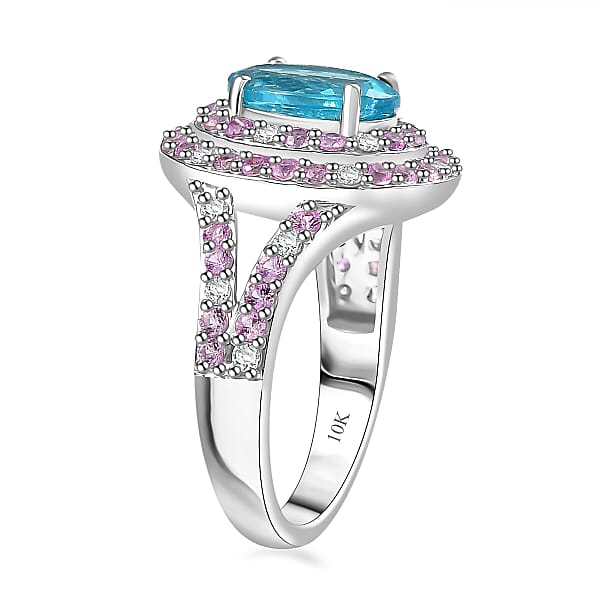 Shop Lc Luxoro 10K White Gold AAA Betroka Blue Apatite Madagascar Pink Sapphire And White Diamond (I2) (0.30 Cts) Double Halo Ring 3.90 Ctw
