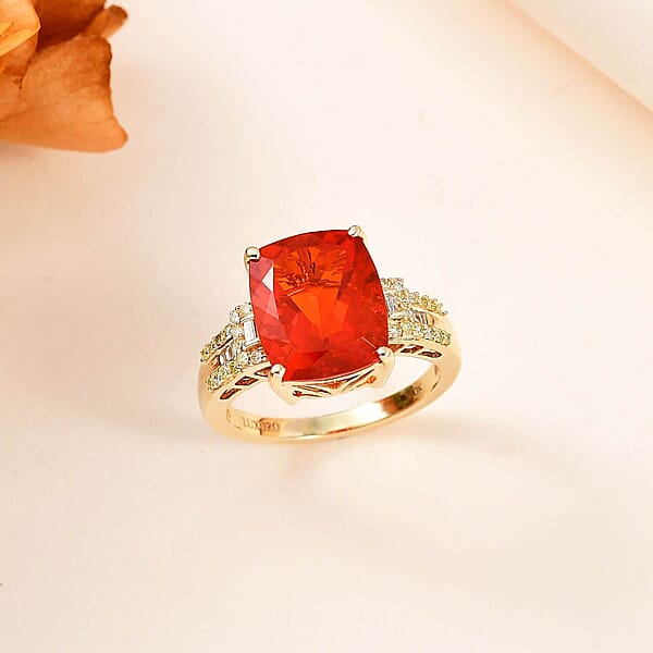Shop Lc Luxoro 10K Yellow Gold AAA Crimson Fire Opal I2 Natural Yellow And White Diamond Ring 4 Grams 4.00 Ctw