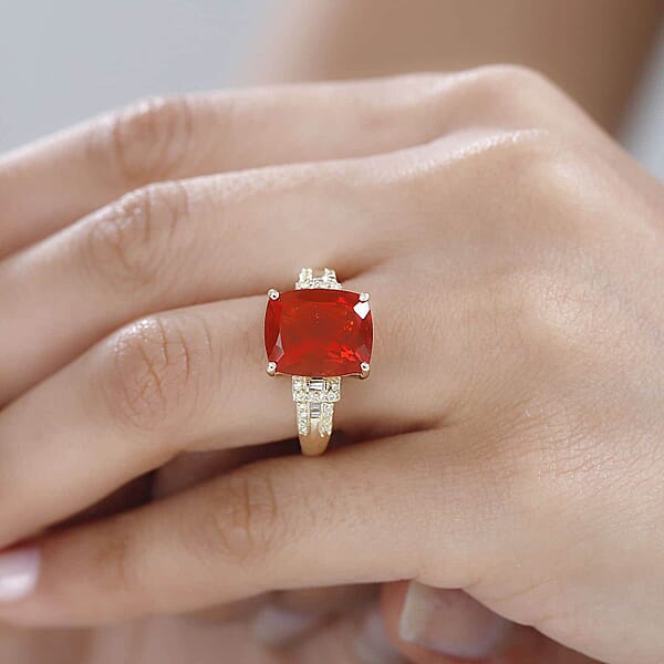 Shop Lc Luxoro 10K Yellow Gold AAA Crimson Fire Opal I2 Natural Yellow And White Diamond Ring 4 Grams 4.00 Ctw