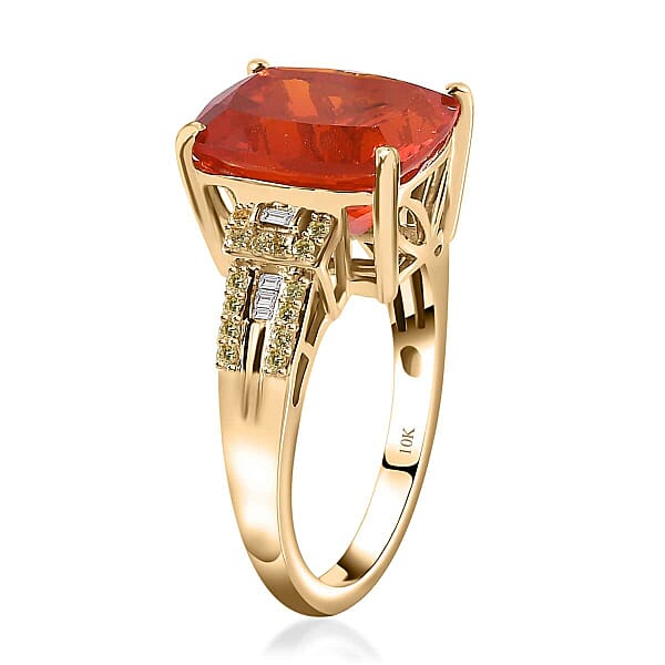 Shop Lc Luxoro 10K Yellow Gold AAA Crimson Fire Opal I2 Natural Yellow And White Diamond Ring 4 Grams 4.00 Ctw