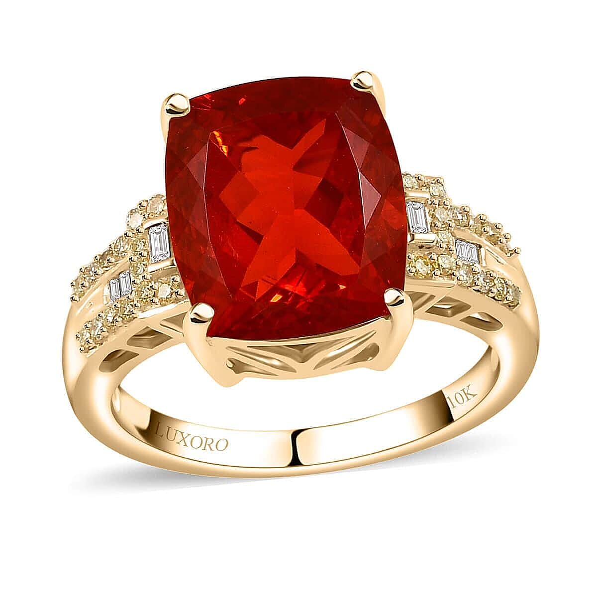 shop lc Luxoro 10K Yellow Gold AAA Crimson Fire Opal I2 Natural Yellow and White Diamond Ring 4 Grams 4.00 ctw