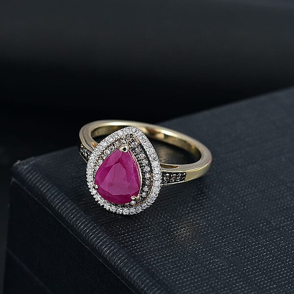 Shop Lc Luxoro 10K Yellow Gold AAA Royal Ruby Natural Champagne And White Diamond (I2) (0.34 Cts) Ring 2.50 Ctw