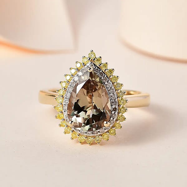 Shop Lc Luxoro 10K Yellow Gold AAA Turkizite Natural Yellow And White Diamond I3 Double Halo Ring 2.35 Ctw