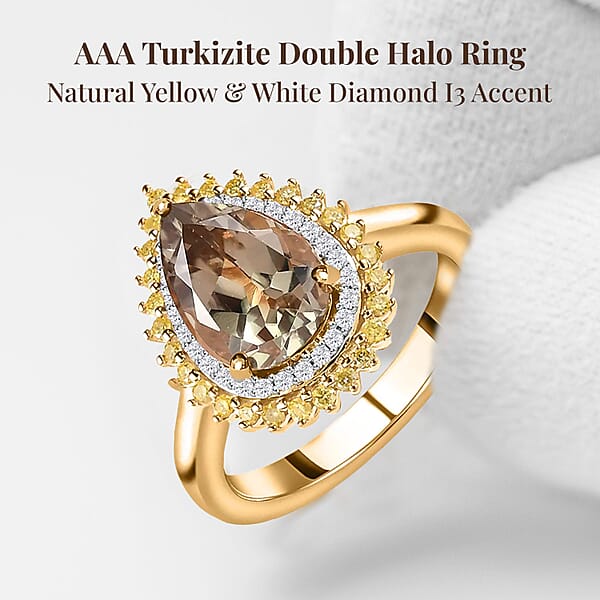 Shop Lc Luxoro 10K Yellow Gold AAA Turkizite Natural Yellow And White Diamond I3 Double Halo Ring 2.35 Ctw