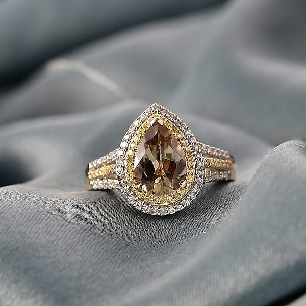 Shop Lc Luxoro 10K Yellow Gold AAA Turkizite Natural Yellow And White Diamond (I2) (0.33 Cts) Double Halo Ring (4.30 G) 2.85 Ctw