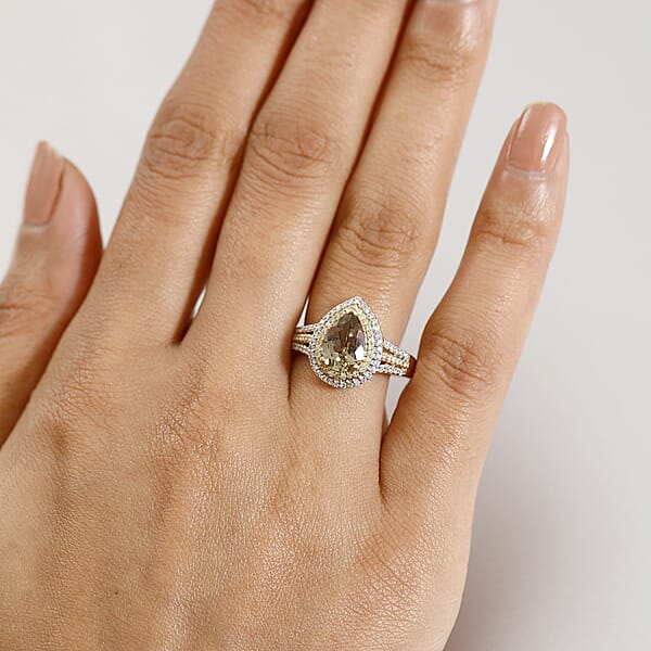 Shop Lc Luxoro 10K Yellow Gold AAA Turkizite Natural Yellow And White Diamond (I2) (0.33 Cts) Double Halo Ring (4.30 G) 2.85 Ctw