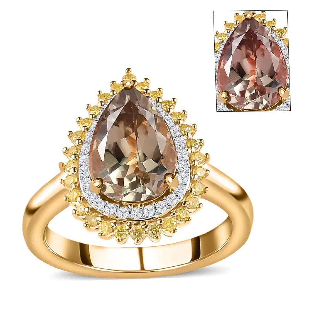 shop lc Luxoro 10K Yellow Gold AAA Turkizite Natural Yellow and White Diamond I3 Double Halo Ring 2.35 ctw