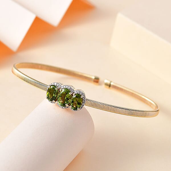 Shop Lc Luxoro 10K Yellow Gold Natural Calabar Green Tourmaline Diamond (G-H I2) (0.15 Cts) Cuff Bracelet (7.25 In) (4.15 G) 2.35 Ctw