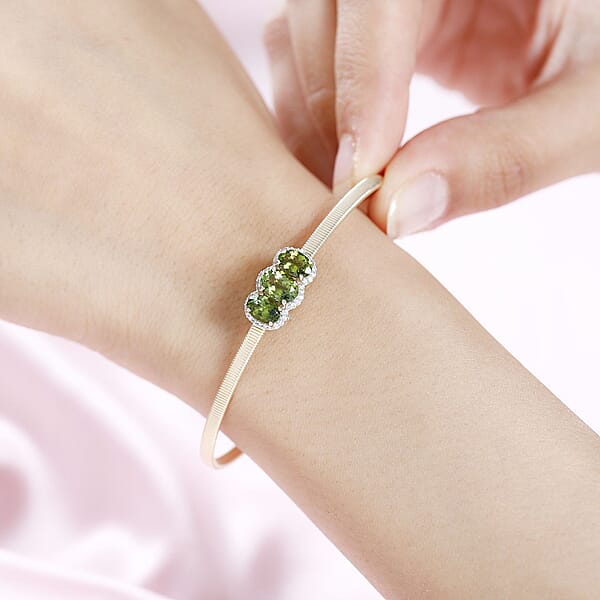 Shop Lc Luxoro 10K Yellow Gold Natural Calabar Green Tourmaline Diamond (G-H I2) (0.15 Cts) Cuff Bracelet (7.25 In) (4.15 G) 2.35 Ctw