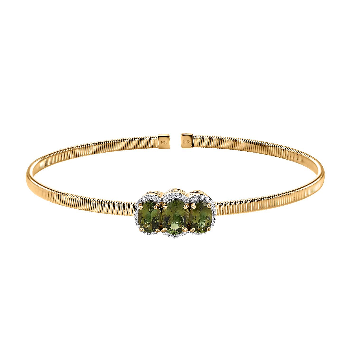 shop lc Luxoro 10K Yellow Gold Natural Calabar Green Tourmaline Diamond (G-H I2) (0.15 cts) Cuff Bracelet (7.25 In) (4.15 g) 2.35 ctw