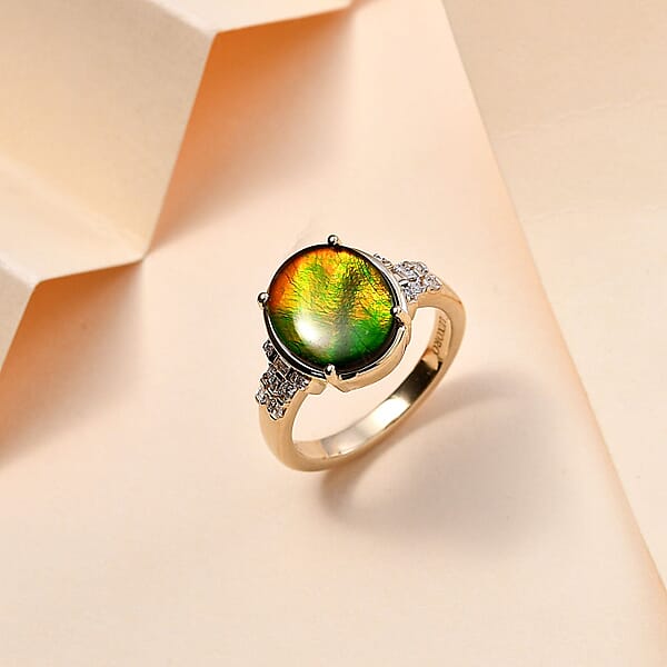 Shop Lc Luxoro 10K Yellow Gold Premium Canadian Ammolite And G-H I2 Diamond Ring 4 Grams 0.11 Ctw
