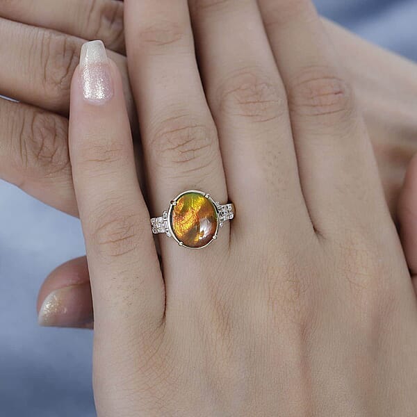 Shop Lc Luxoro 10K Yellow Gold Premium Canadian Ammolite And G-H I2 Diamond Ring 4 Grams 0.11 Ctw