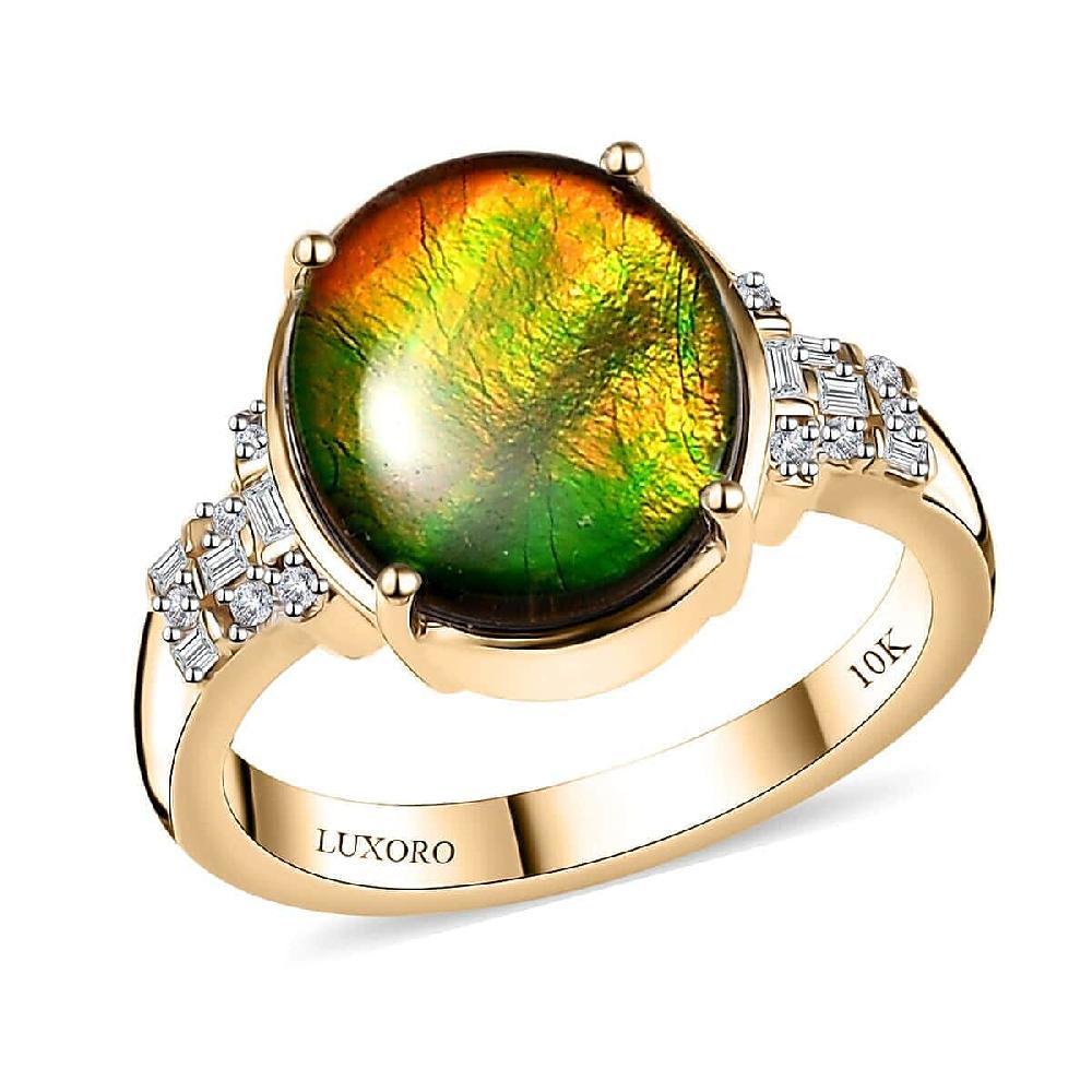 shop lc Luxoro 10K Yellow Gold Premium Canadian Ammolite and G-H I2 Diamond Ring 4 Grams 0.11 ctw