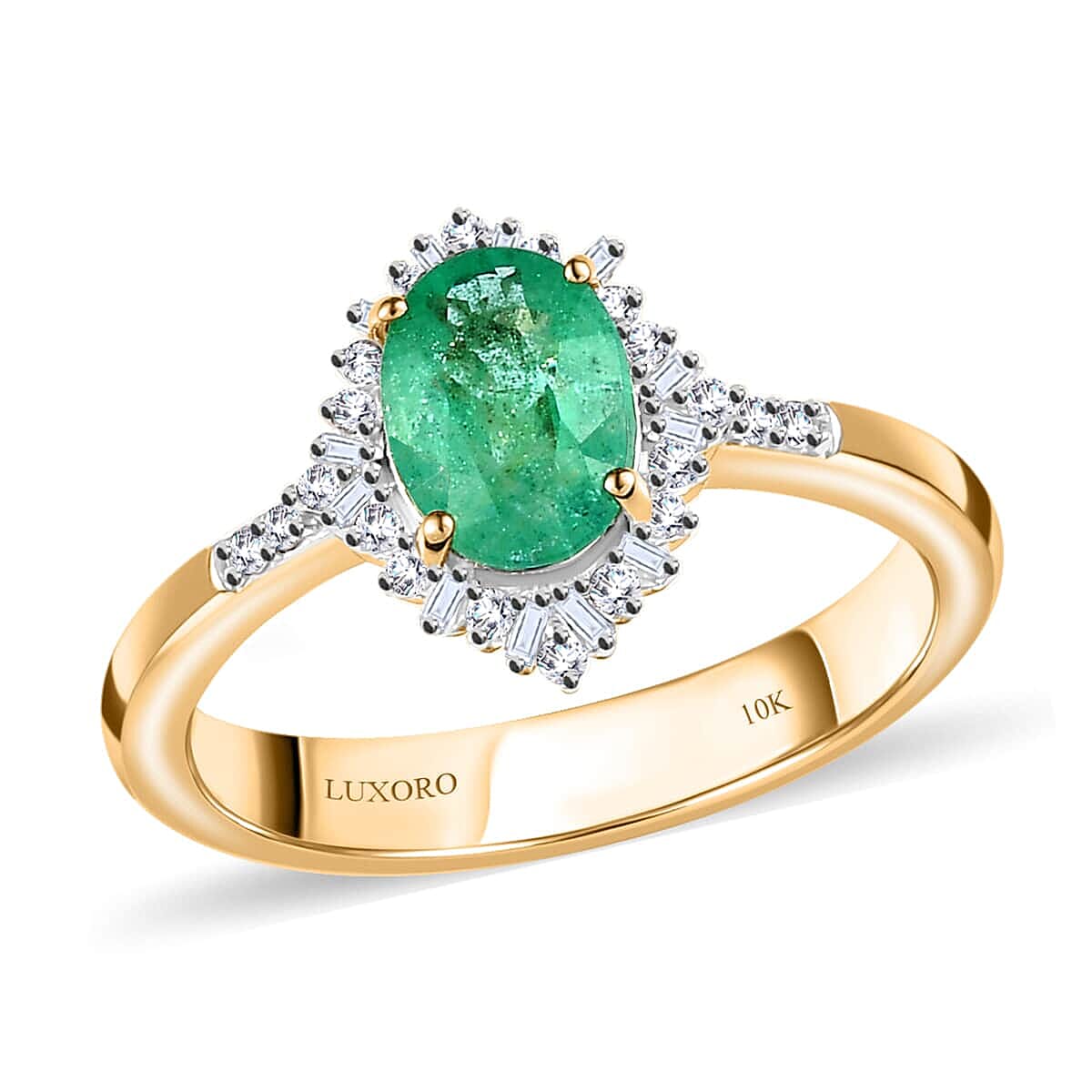 shop lc Luxoro 10K Yellow Gold Premium Ethiopian Emerald and G-H I3 Diamond Halo Ring 1.40 ctw