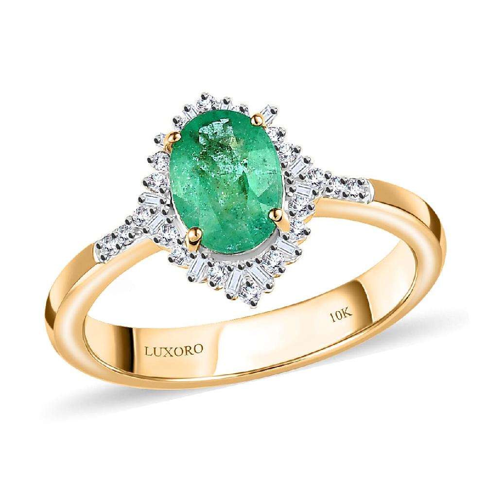 shop lc Luxoro 10K Yellow Gold Premium Ethiopian Emerald and G-H I3 Diamond Halo Ring 1.40 ctw