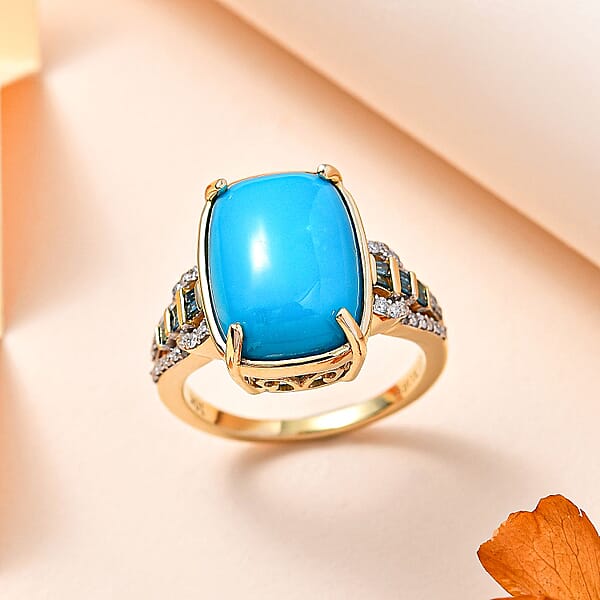Shop Lc Luxoro 10K Yellow Gold Premium Sleeping Beauty Turquoise G-H I2 Blue And White Diamond Ring 4.25 Grams 5.50 Ctw