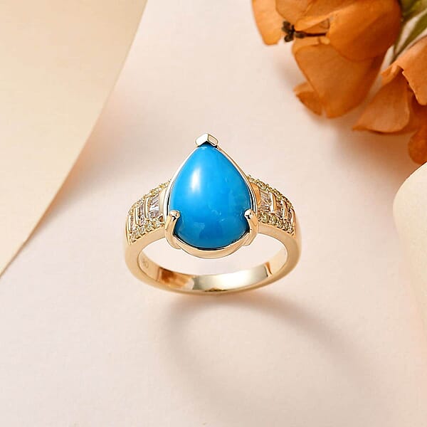 Shop Lc Luxoro 10K Yellow Gold Premium Sleeping Beauty Turquoise I2 Natural Yellow And White Diamond Ring 5.25 Grams 4.75 Ctw