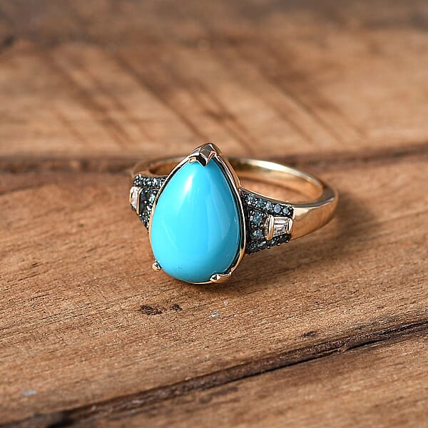 Shop Lc Luxoro 10K Yellow Gold Premium Sleeping Beauty Turquoise G-H I2 Blue And White Diamond Ring 3.85 Ctw