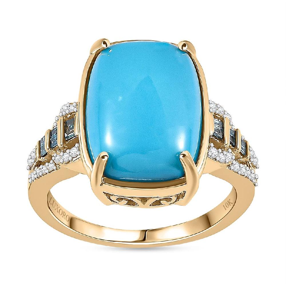 shop lc Luxoro 10K Yellow Gold Premium Sleeping Beauty Turquoise G-H I2 Blue and White Diamond Ring 4.25 Grams 5.50 ctw