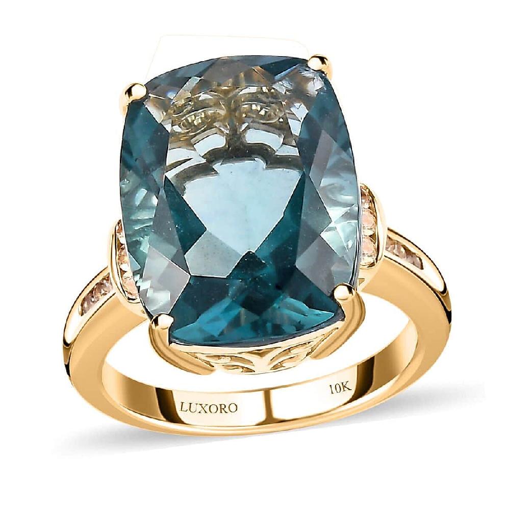 shop lc Luxoro 10K Yellow Gold Premium Teal Fluorite (IR) White Sapphire Ring 12.35 ctw