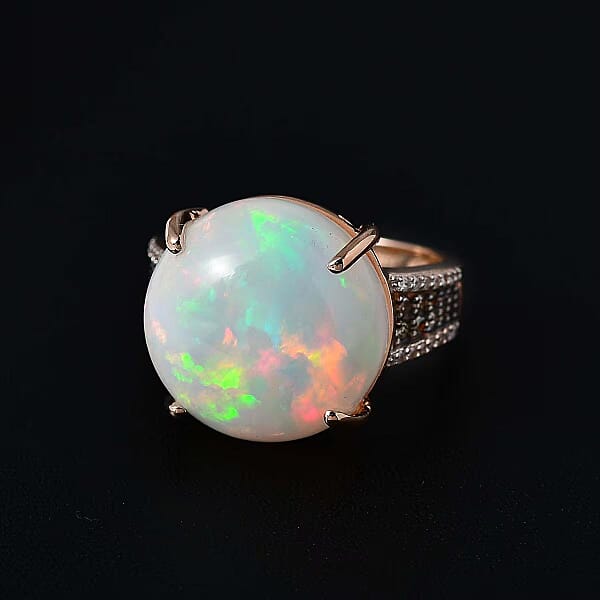 Shop Lc Luxoro 14K Rose Gold AAA Ethiopian Welo Opal I3 Natural Champagne And White Diamond Ring 4.50 Grams 10.25 Ctw
