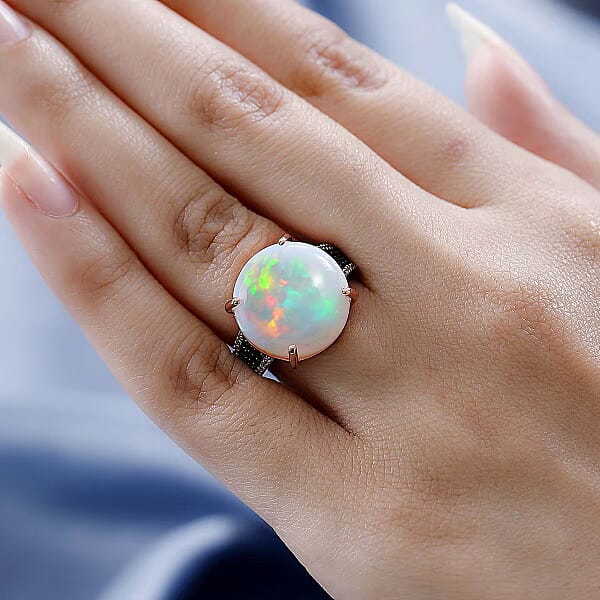 Shop Lc Luxoro 14K Rose Gold AAA Ethiopian Welo Opal I3 Natural Champagne And White Diamond Ring 4.50 Grams 10.25 Ctw