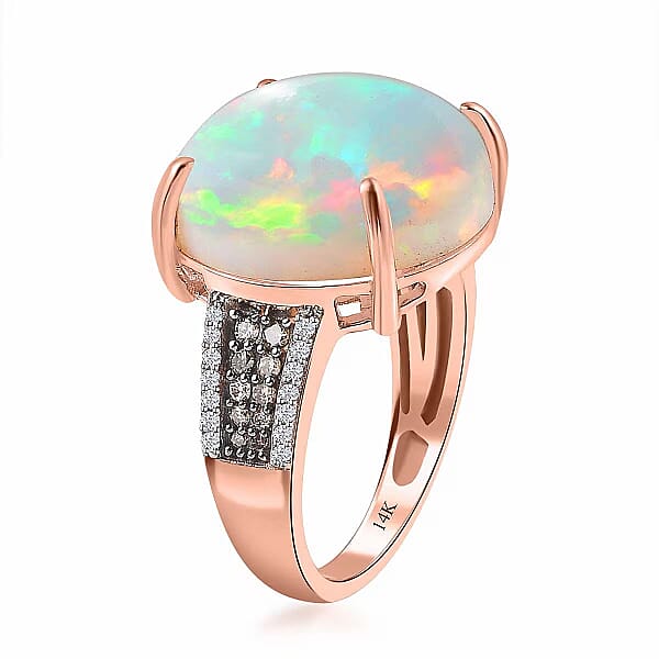 Shop Lc Luxoro 14K Rose Gold AAA Ethiopian Welo Opal I3 Natural Champagne And White Diamond Ring 4.50 Grams 10.25 Ctw