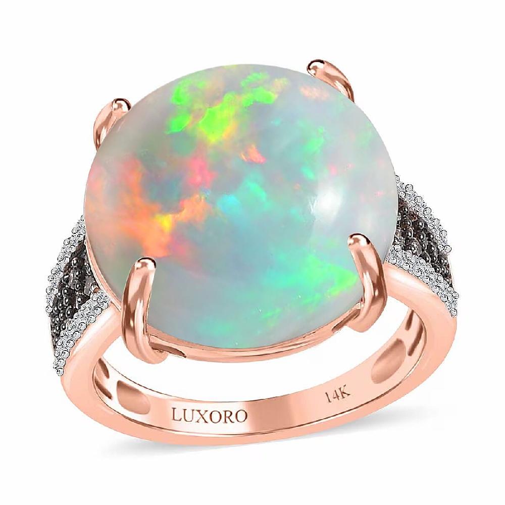 shop lc Luxoro 14K Rose Gold AAA Ethiopian Welo Opal I3 Natural Champagne and White Diamond Ring 4.50 Grams 10.25 ctw