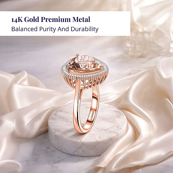 Shop Lc Luxoro 14K Rose Gold AAA Marropino Morganite And G-H I2 Diamond Heart Ring 4.50 Grams 5.10 Ctw