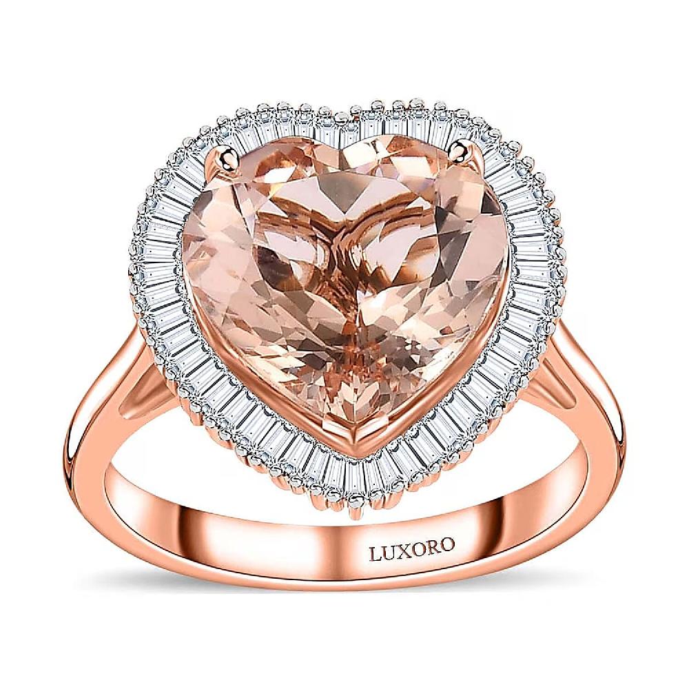 shop lc Luxoro 14K Rose Gold AAA Marropino Morganite and G-H I2 Diamond Heart Ring 4.50 Grams 5.10 ctw