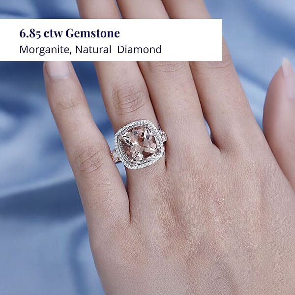 Shop Lc Luxoro 14K Rose Gold AAA Marropino Morganite Natural Pink And White Diamond I2-I3 Double Halo Ring 5.90 Grams 6.85 Ctw