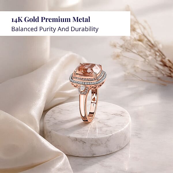 Shop Lc Luxoro 14K Rose Gold AAA Marropino Morganite Natural Pink And White Diamond I2-I3 Double Halo Ring 5.90 Grams 6.85 Ctw