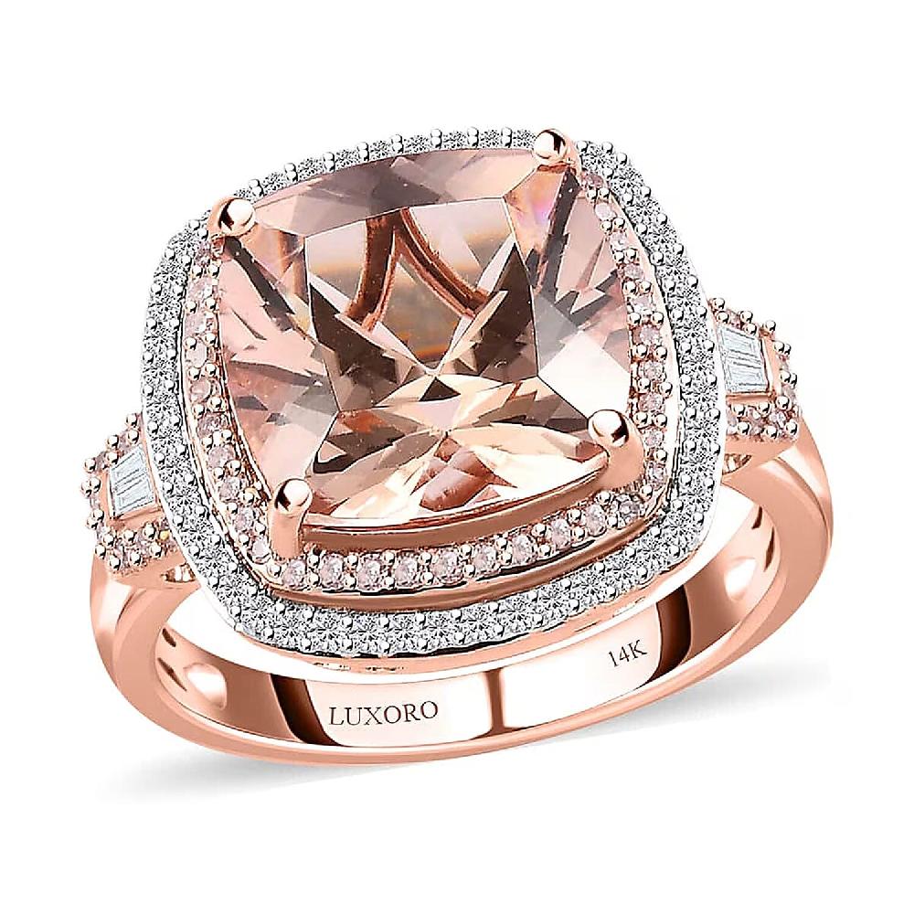 shop lc Luxoro 14K Rose Gold AAA Marropino Morganite Natural Pink and White Diamond I2-I3 Double Halo Ring 5.90 Grams 6.85 ctw