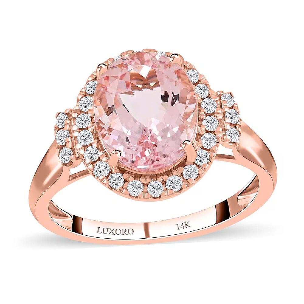 shop lc Luxoro 14K Rose Gold AAA Palmeiras Pink Morganite and G-H I2 Diamond Halo Ring 2.70 ctw