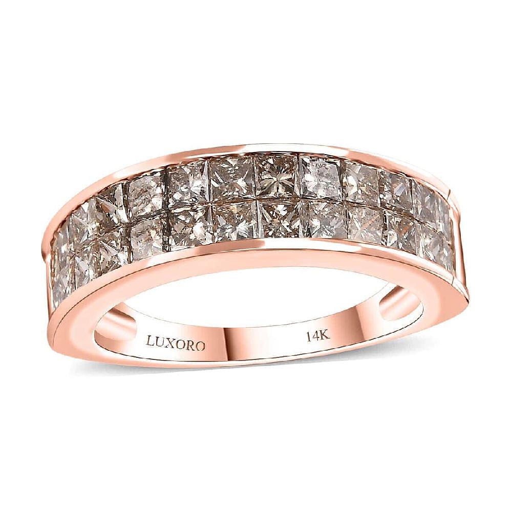 shop lc Luxoro 14K Rose Gold I1-I2 Natural Champagne Diamond Double Row Half Eternity Band Ring 2.00 ctw