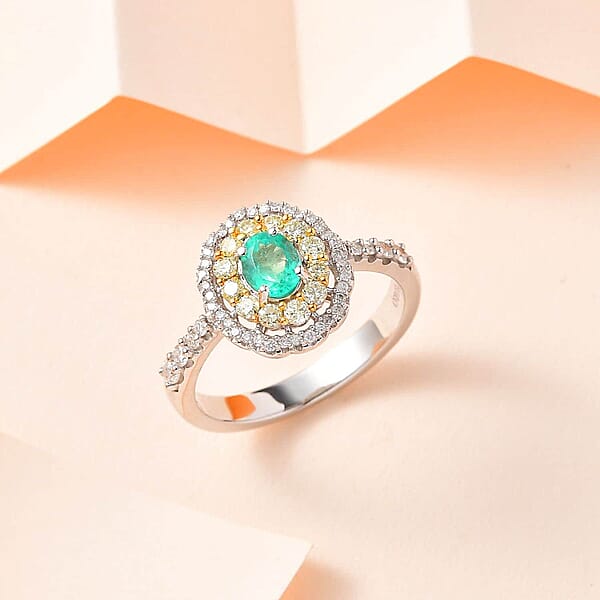 Shop Lc Luxoro 14K White Gold AAA Boyaca Colombian Emerald I2 Natural Yellow And White Diamond Double Halo Ring 1.15 Ctw