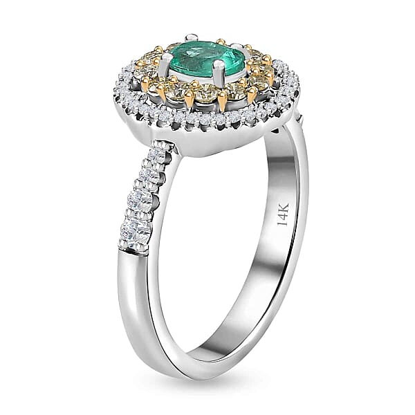 Shop Lc Luxoro 14K White Gold AAA Boyaca Colombian Emerald I2 Natural Yellow And White Diamond Double Halo Ring 1.15 Ctw