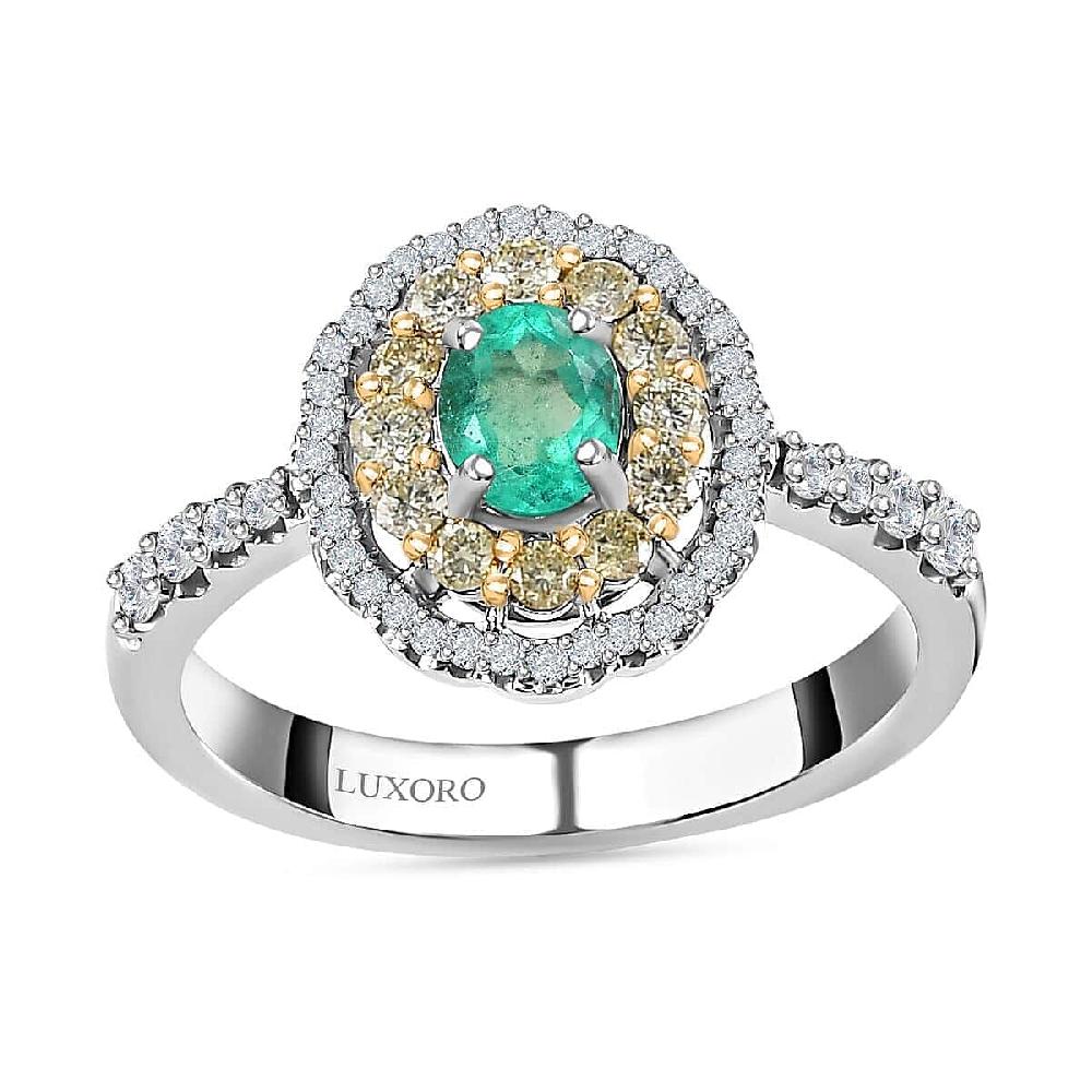 shop lc Luxoro 14K White Gold AAA Boyaca Colombian Emerald I2 Natural Yellow and White Diamond Double Halo Ring 1.15 ctw
