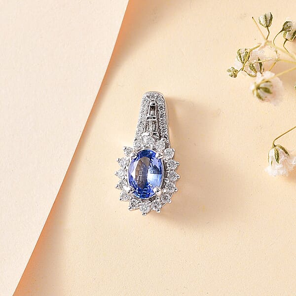 Shop Lc Luxoro 14K White Gold AAA Ceylon Blue Sapphire And G-H I2 Diamond Sunburst Pendant Without Chain 1.25 Ctw