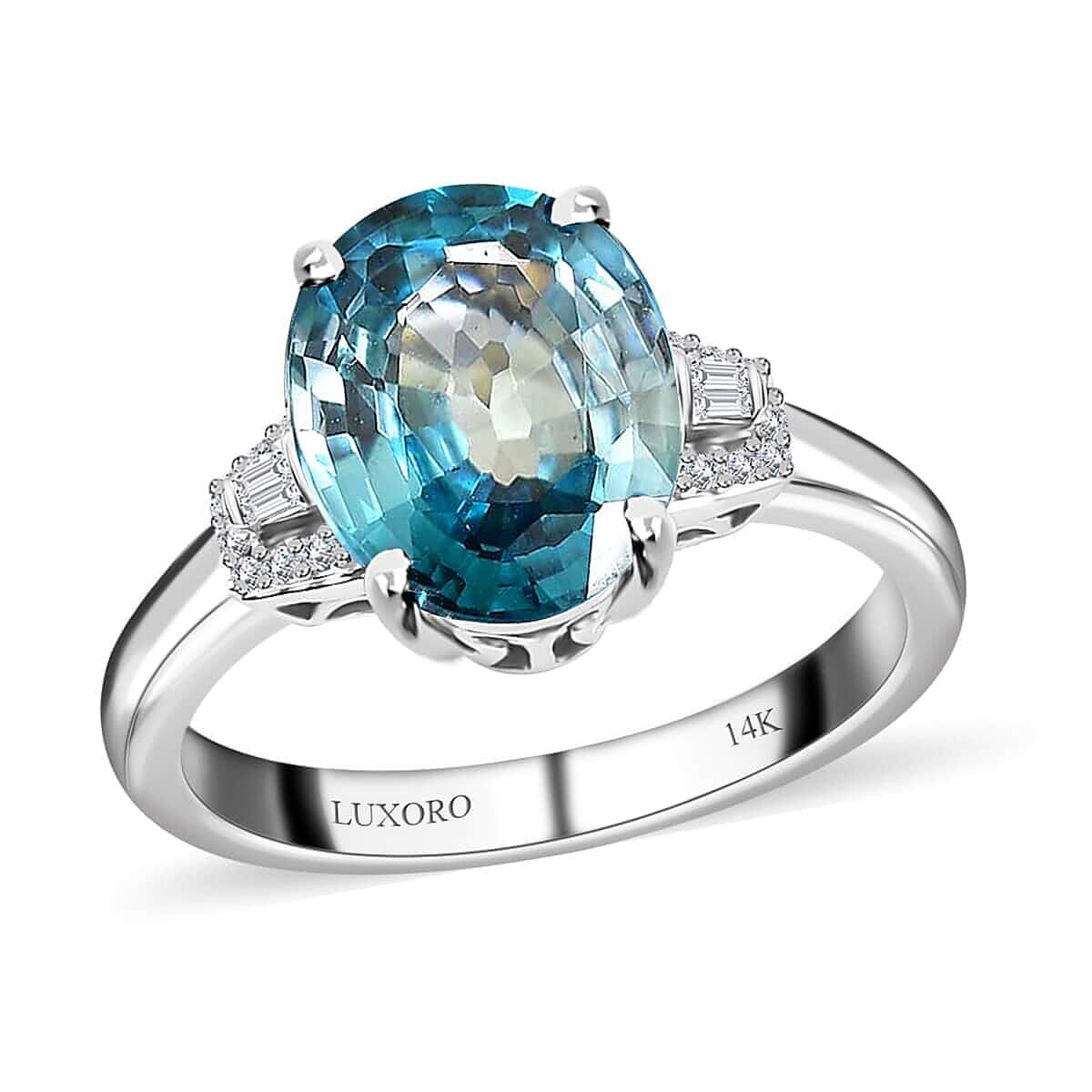 shop lc Luxoro 14K White Gold AAA Ratanakiri Blue Zircon and Diamond G-H I3 Ring 5.25 ctw