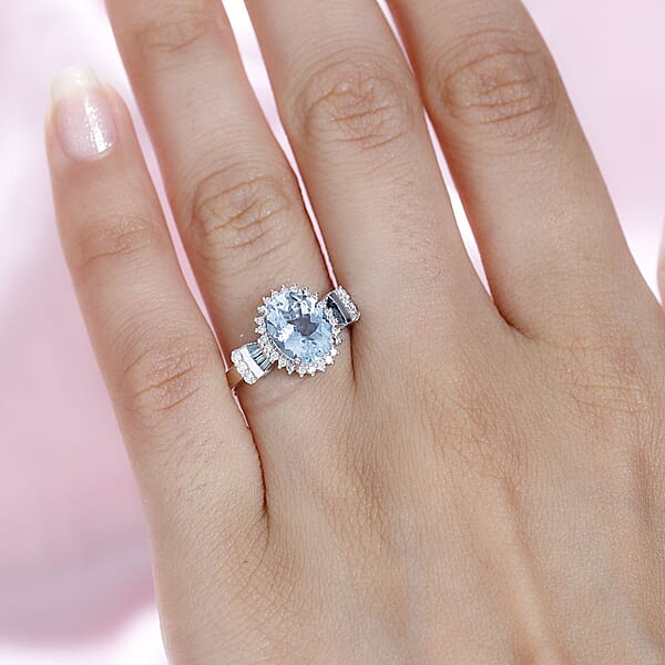 Shop Lc Luxoro 14K White Gold AAA Santa Maria Aquamarine And I2-I3 Venice Blue And White Diamond Ring 4.40 Grams 1.85 Ctw