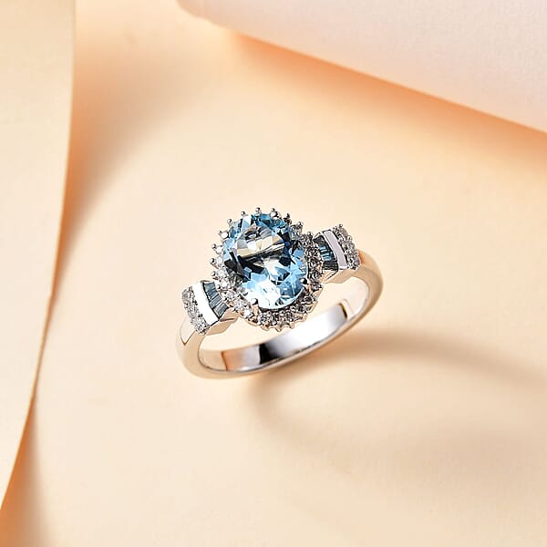 Shop Lc Luxoro 14K White Gold AAA Santa Maria Aquamarine And I2-I3 Venice Blue And White Diamond Ring 4.40 Grams 1.85 Ctw