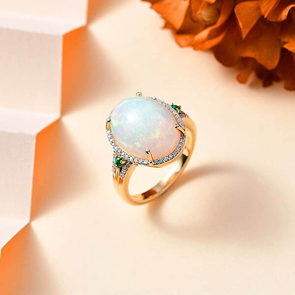 Shop Lc Luxoro 14K Yellow Gold AAA Ethiopian Welo Opal AAAA Boyaca Colombian Emerald And G-H I2 Diamond Halo Ring 5.65 Grams 5.85 Ctw