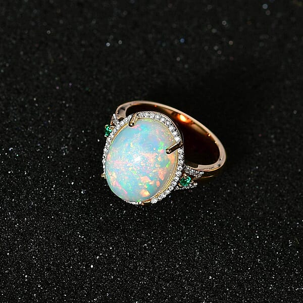 Shop Lc Luxoro 14K Yellow Gold AAA Ethiopian Welo Opal AAAA Boyaca Colombian Emerald And G-H I2 Diamond Halo Ring 5.65 Grams 5.85 Ctw