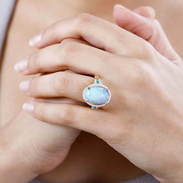 Shop Lc Luxoro 14K Yellow Gold AAA Ethiopian Welo Opal AAAA Boyaca Colombian Emerald And G-H I2 Diamond Halo Ring 5.65 Grams 5.85 Ctw